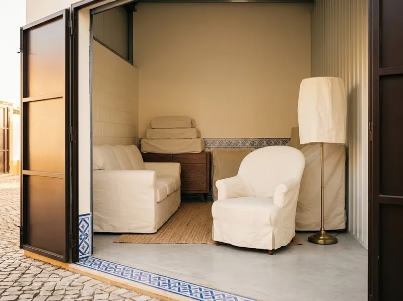 Móveis tapados numa garagem