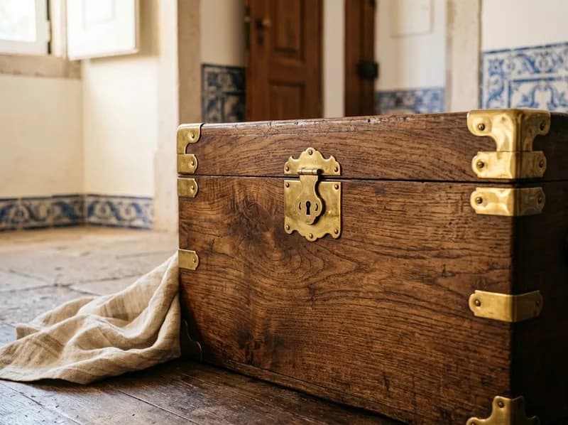 Baú antigo de madeira com cantos de latão