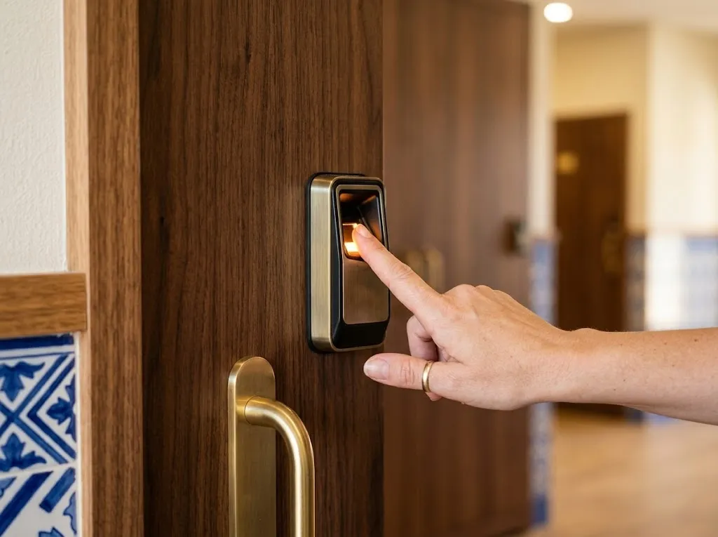 Mão a pousar o dedo num leitor de impressão digital à porta de uma box
